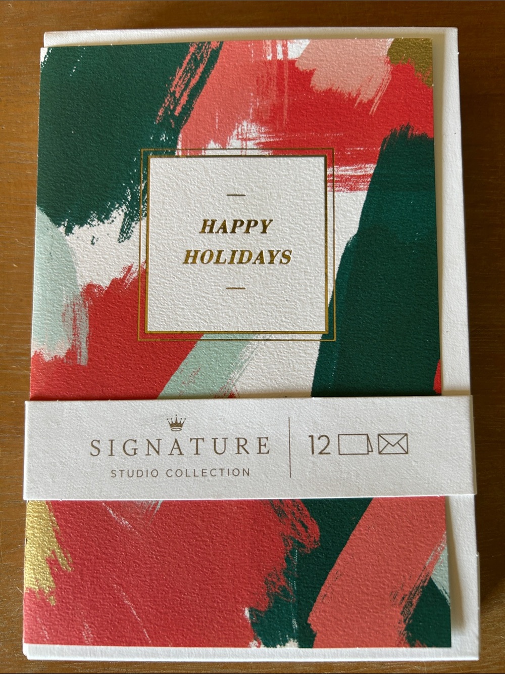 Signature Happy Holidays Card Set in Green, Red, Coral & Gold, box of 12
